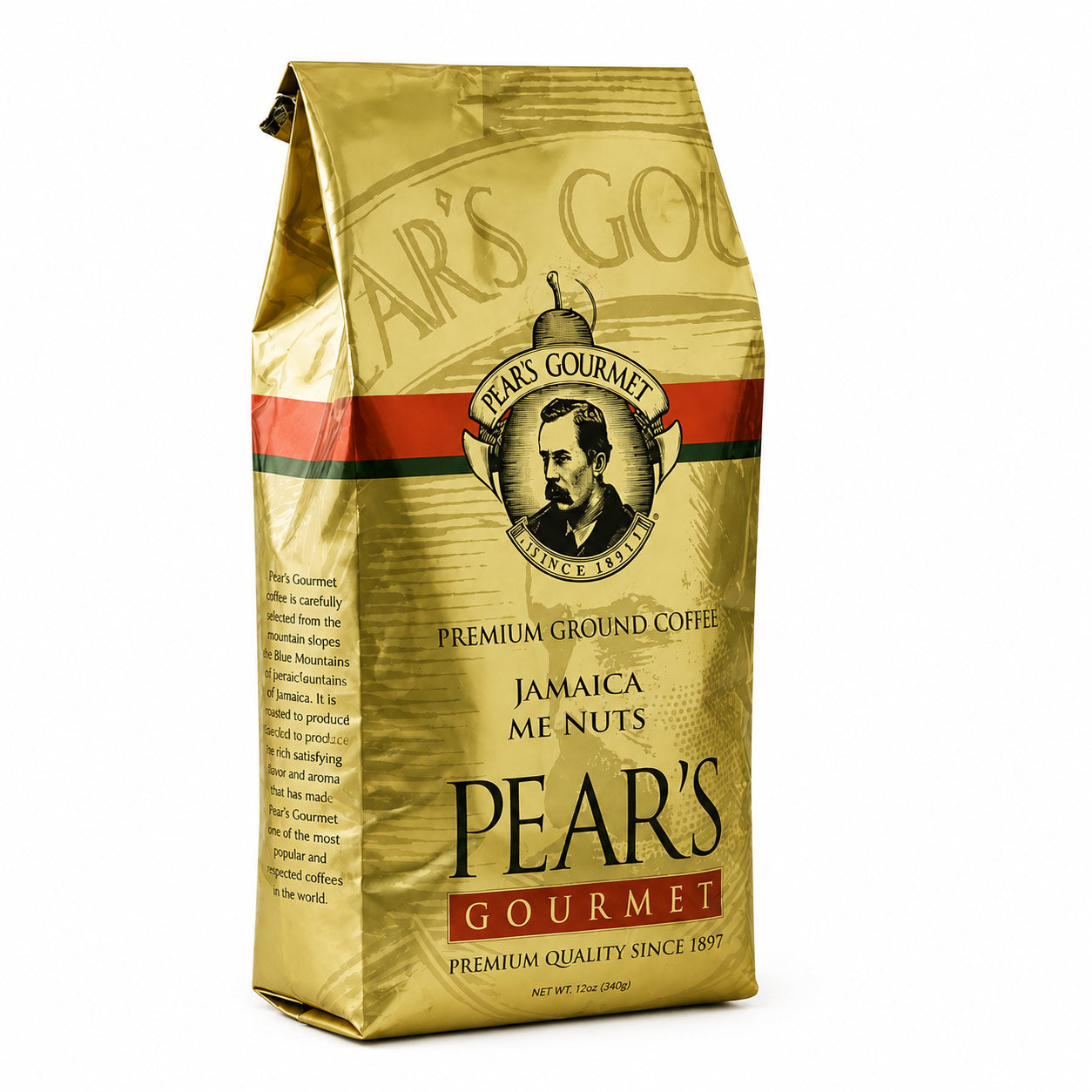 Gold coffee bag with Pear's Gourmet branding on a white background