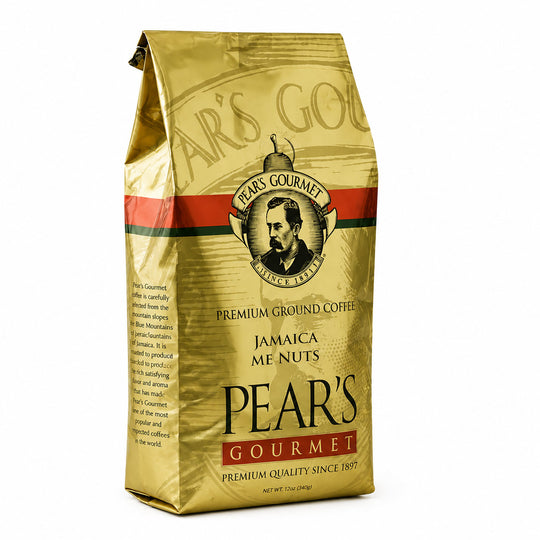 Gold coffee bag with Pear's Gourmet branding on a white background