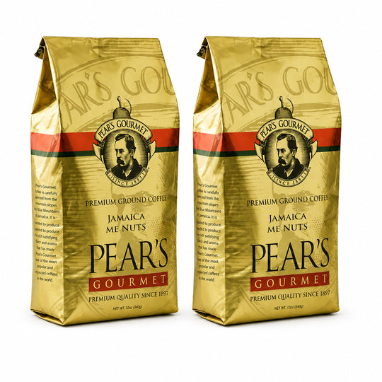 Two gold coffee bags with Pear's Gourmet branding on a white background