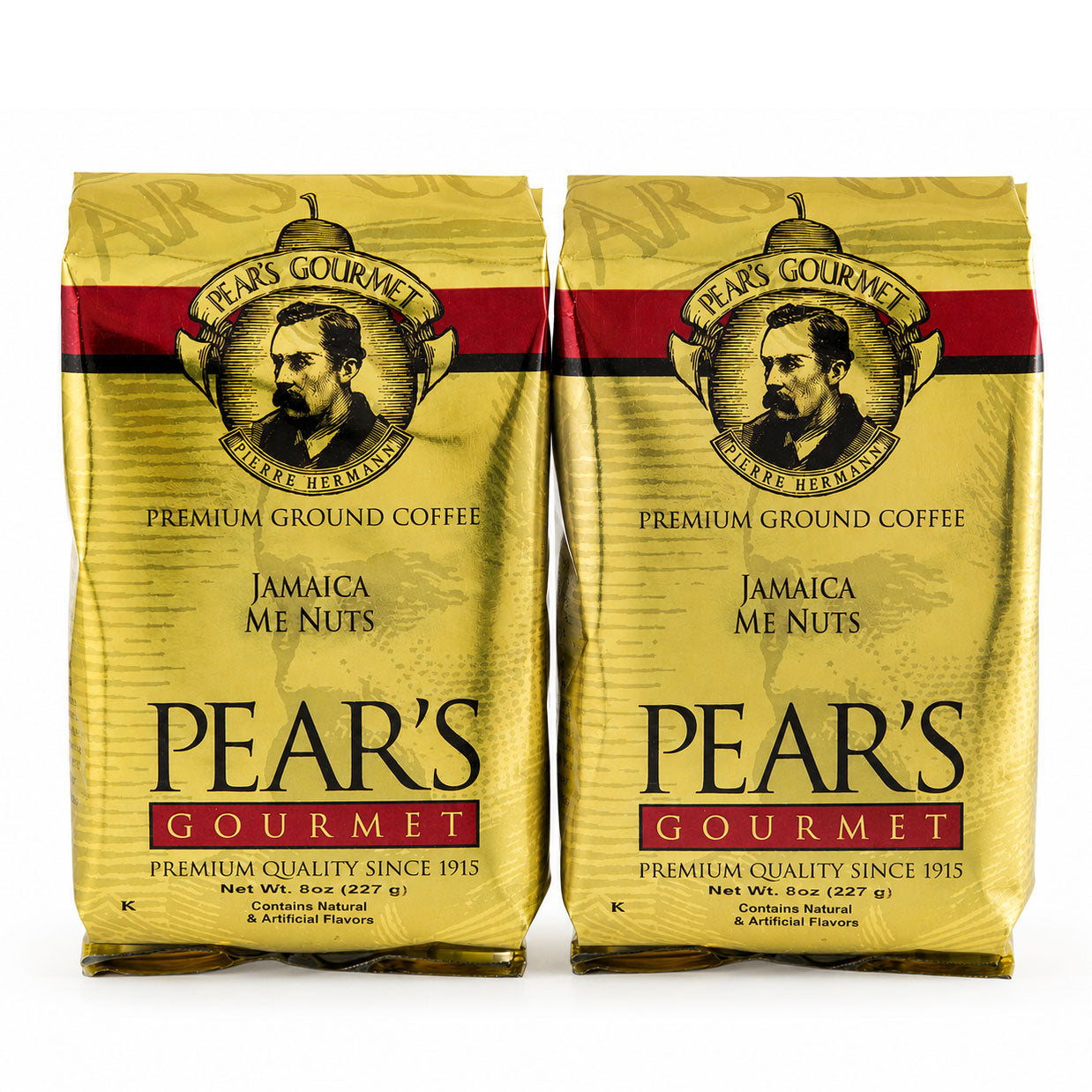 Two packages of Pear's Gourmet Premium Ground Coffee on a white background