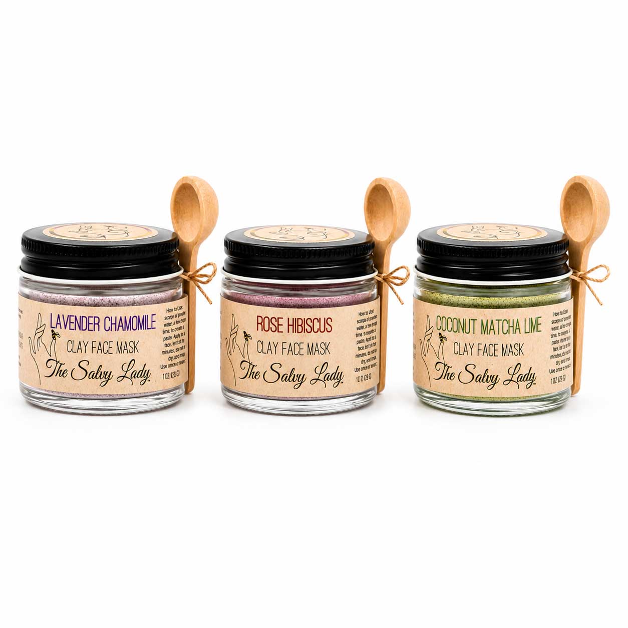 Three scents of clay face mask jars by the Salvy Lady