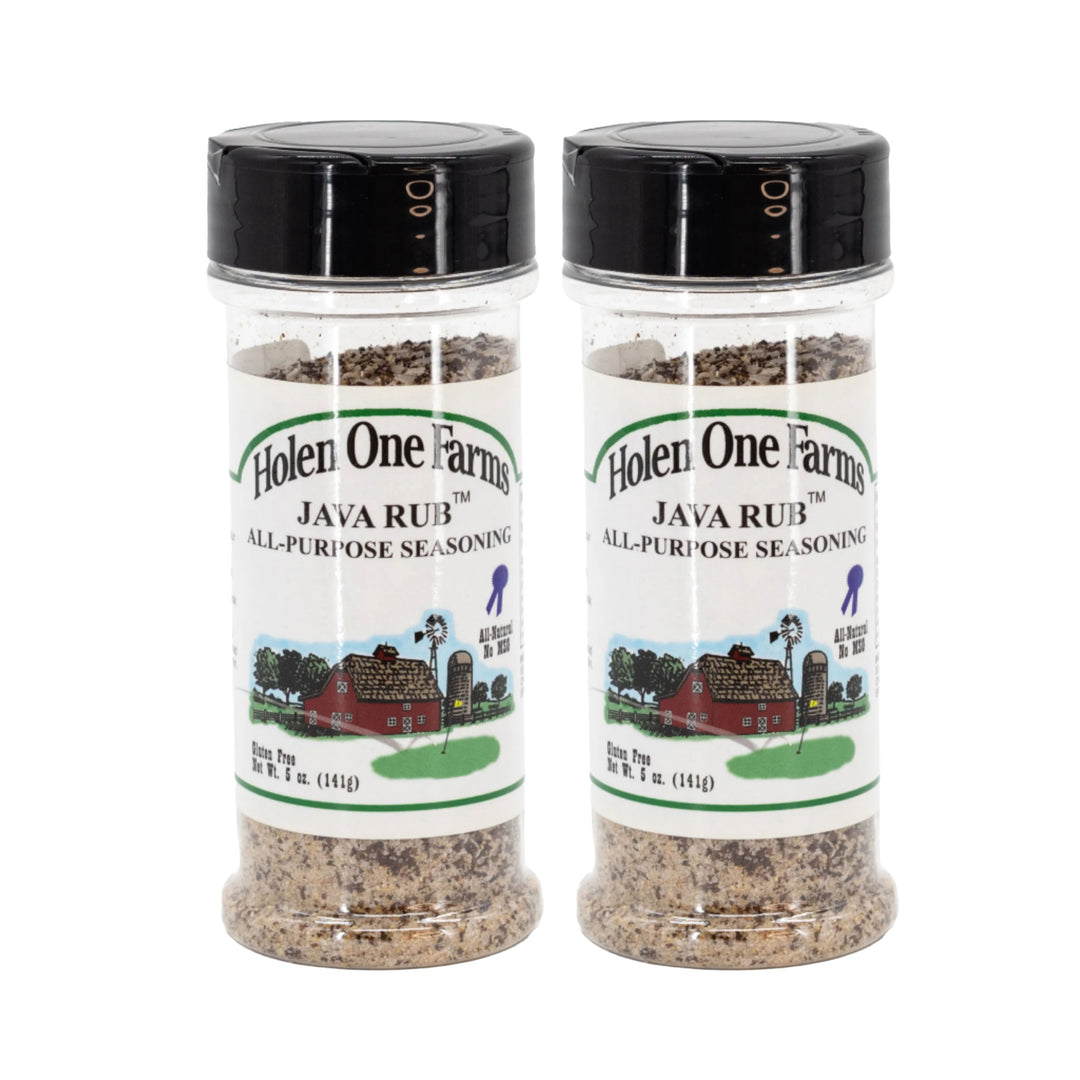 Two bottles of Holen One Farms Java Rub seasoning on a white background