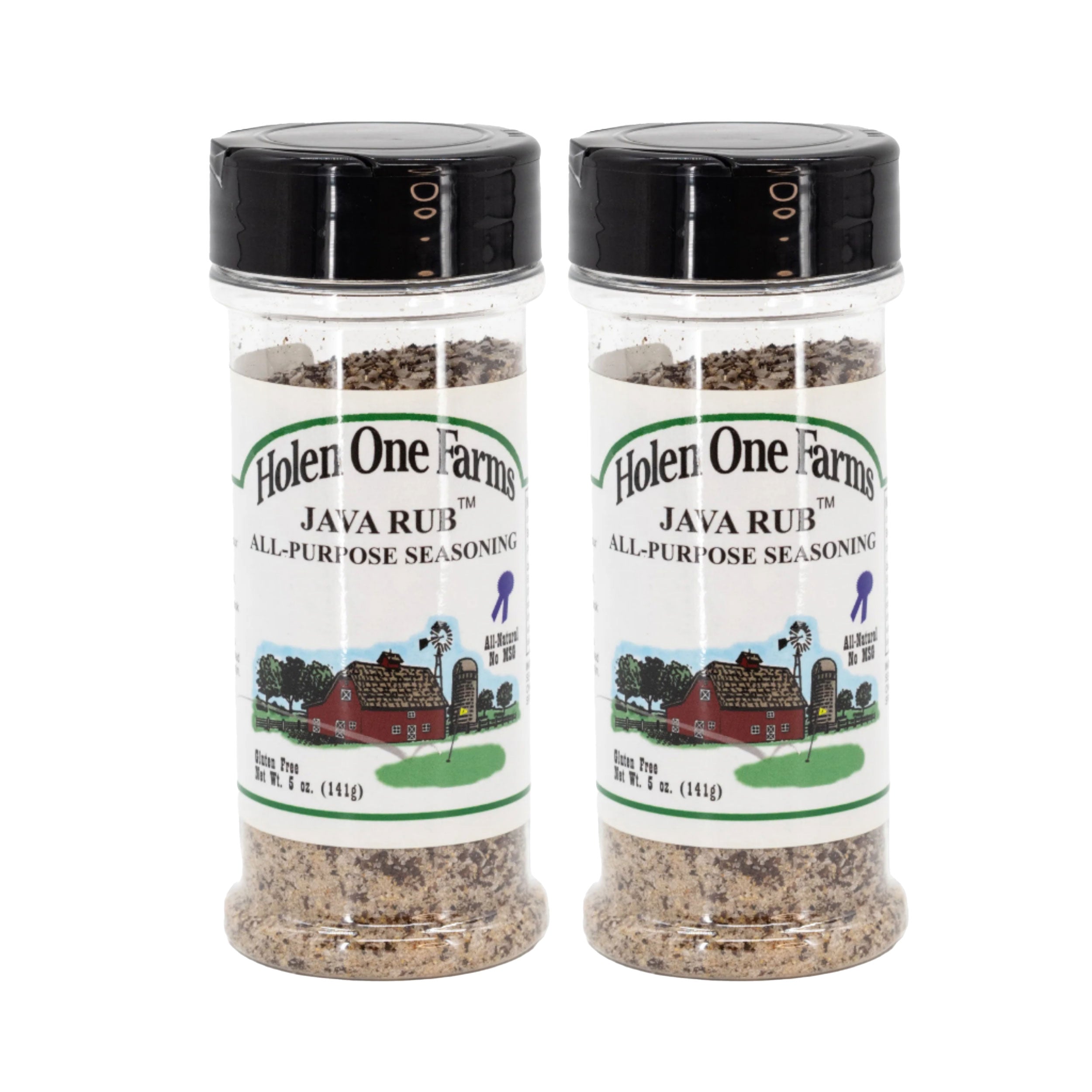 Two bottles of Holen One Farms Java Rub seasoning on a white background