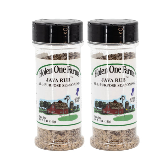 Two bottles of Holen One Farms Java Rub seasoning on a white background