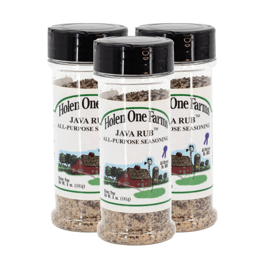 Three jars of Holen One Farming Java Rub seasoning on a white background