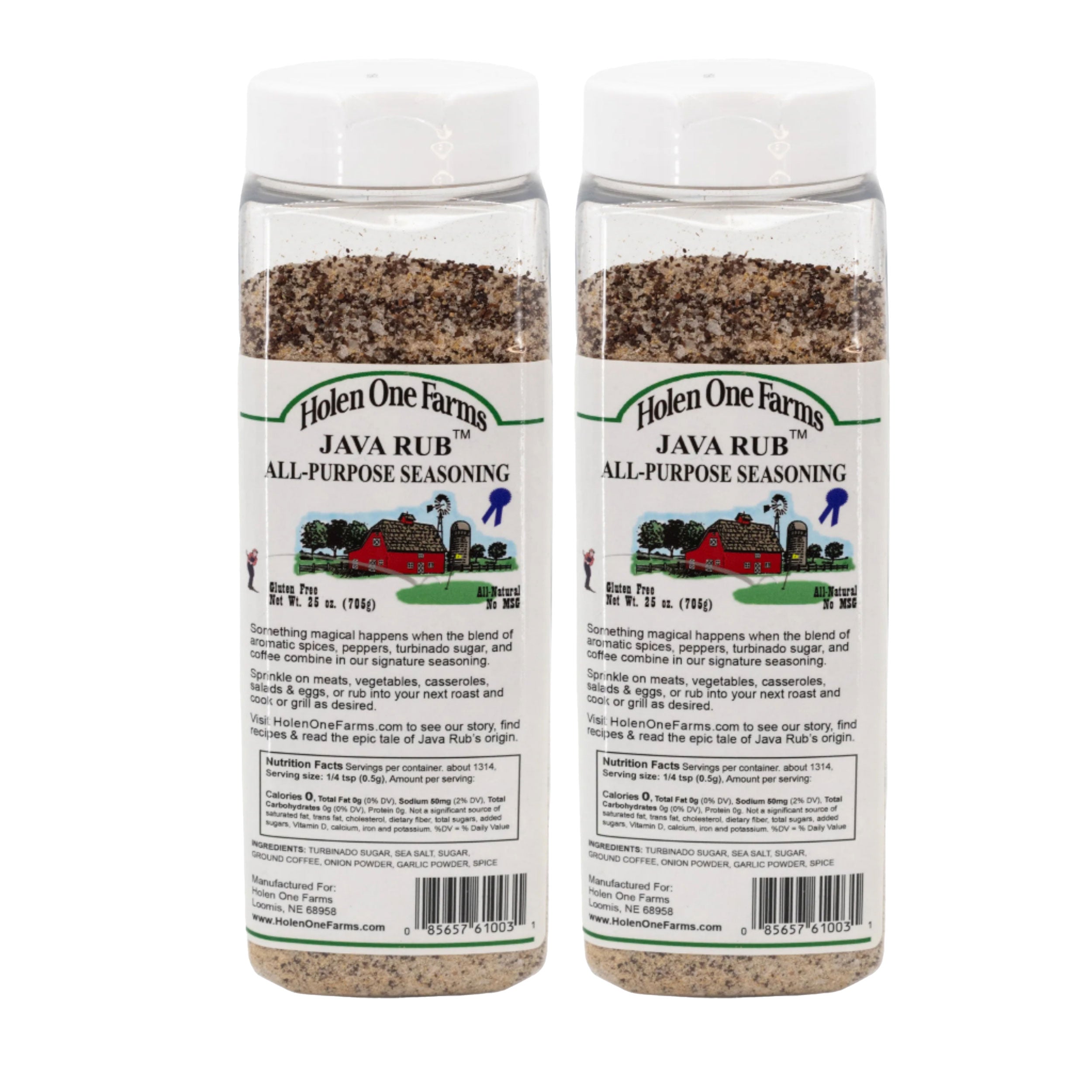 Two bottles of Holen One Farms Java Rub seasoning on a white background