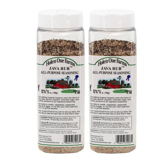 Two bottles of Holen One Farms Java Rub seasoning on a white background
