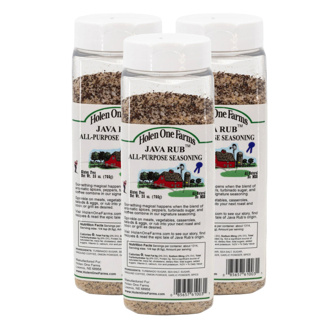 Three bottles of Helen One Farms Java Rub seasoning on a white background