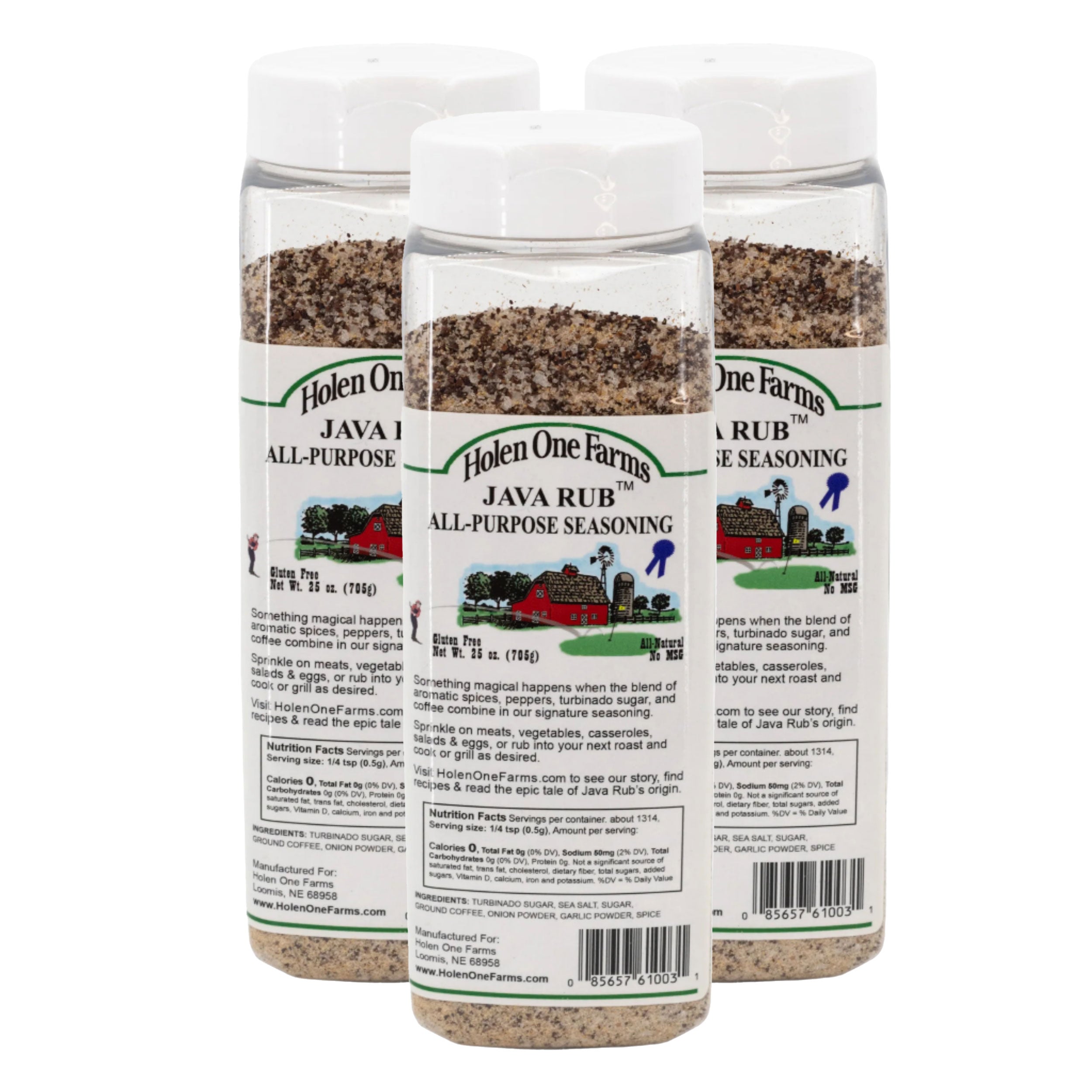 Three bottles of Helen One Farms Java Rub seasoning on a white background