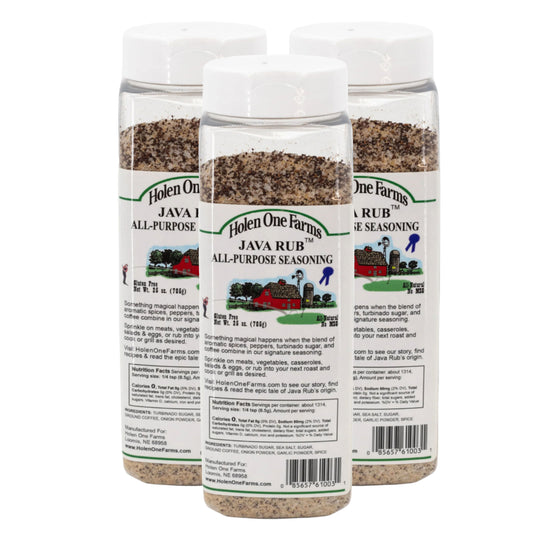 Three bottles of Helen One Farms Java Rub seasoning on a white background