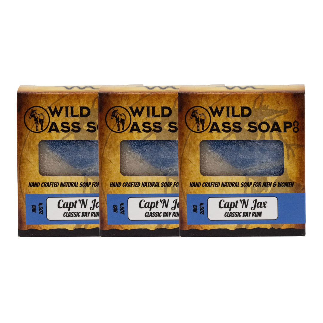 Three bars of Wild Ass Soap with 'Capt N Jax' branding on a white background