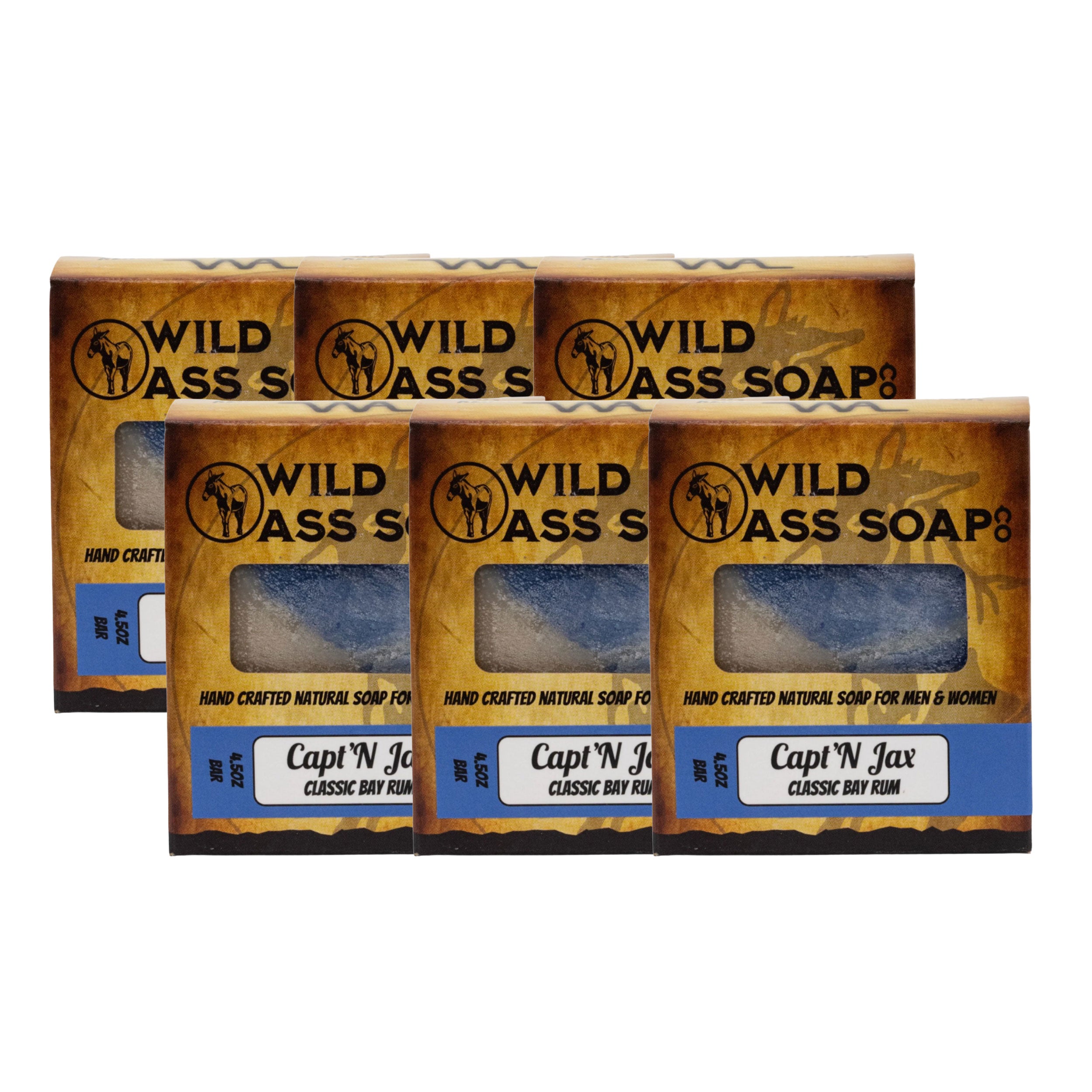 Multiple boxes of Wild Ass Soap with visible branding on a white background