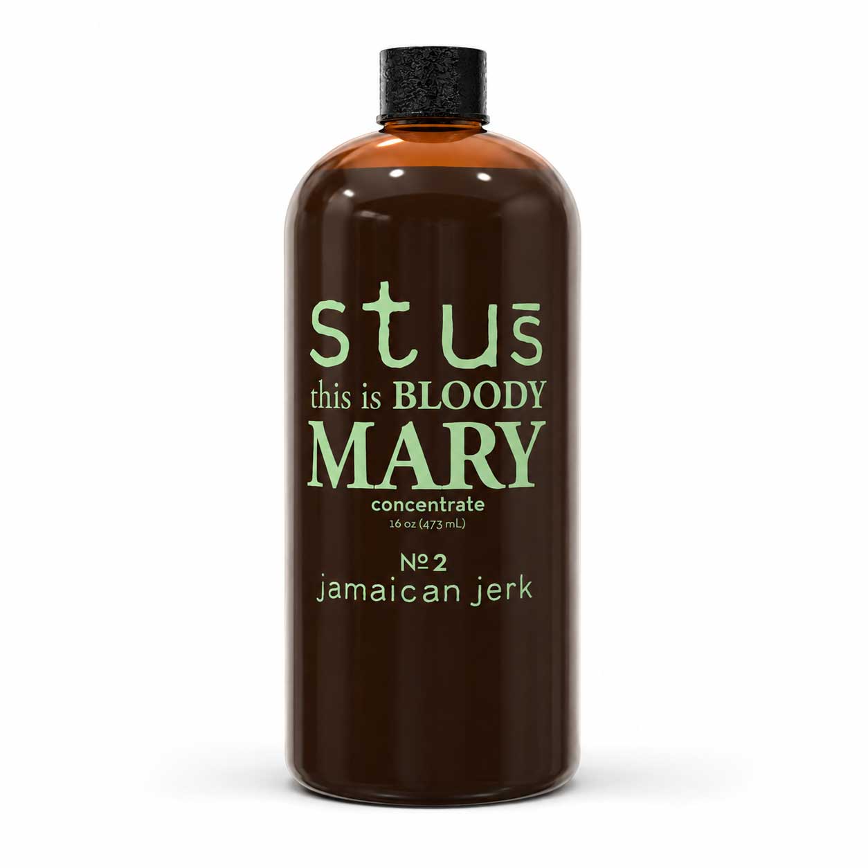 A 500 ml amber glass bottle of Stus Bloody Mary Jamaican Jerk seasoning, featuring a black cap and light green text on a white background.