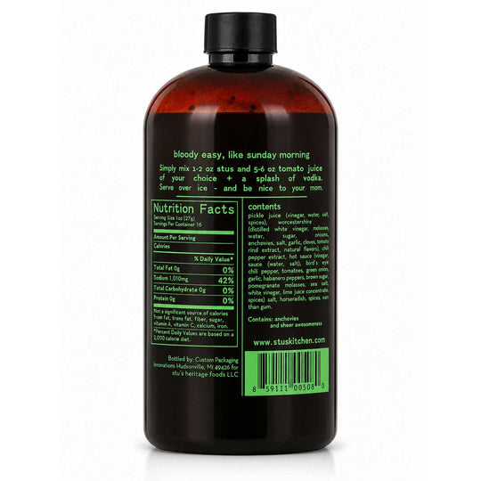 A dark amber glass bottle with a black cap, shown from the back with a green label. The label features the text 'Bloody Easy, like Sunday Morning' along with a nutrition facts panel and a barcode.