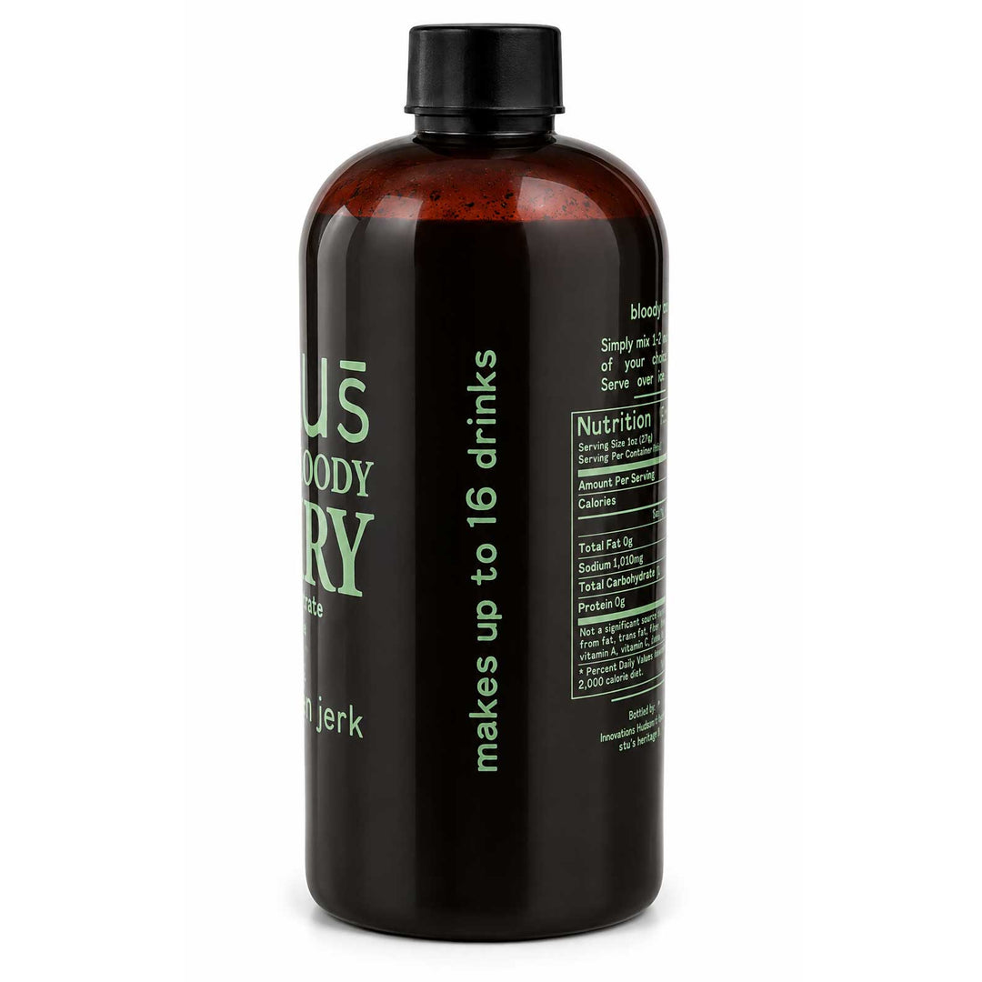A dark brown bottle of Bloody Jerk sauce with a black cap, featuring green text on the label, set against a plain white background.