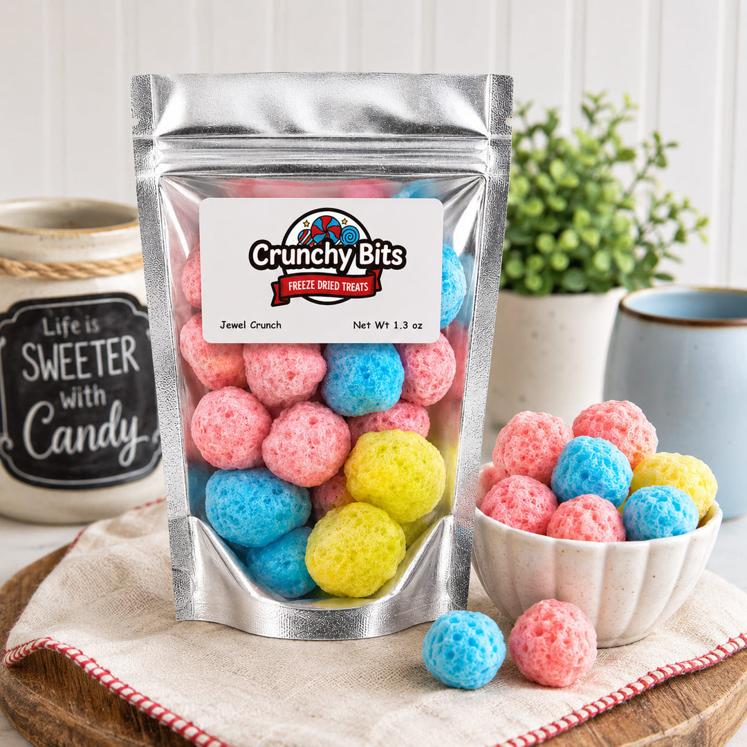 A silver stand-up pouch of Crunchy Bits Jewel Crunch candy sits on a beige cloth with a bowl of colorful candy pieces beside it. The pouch label reads Crunchy Bits Jewel Crunch, and the scene is styled with ceramic mugs, a plant, and a white paneled wall in the background.