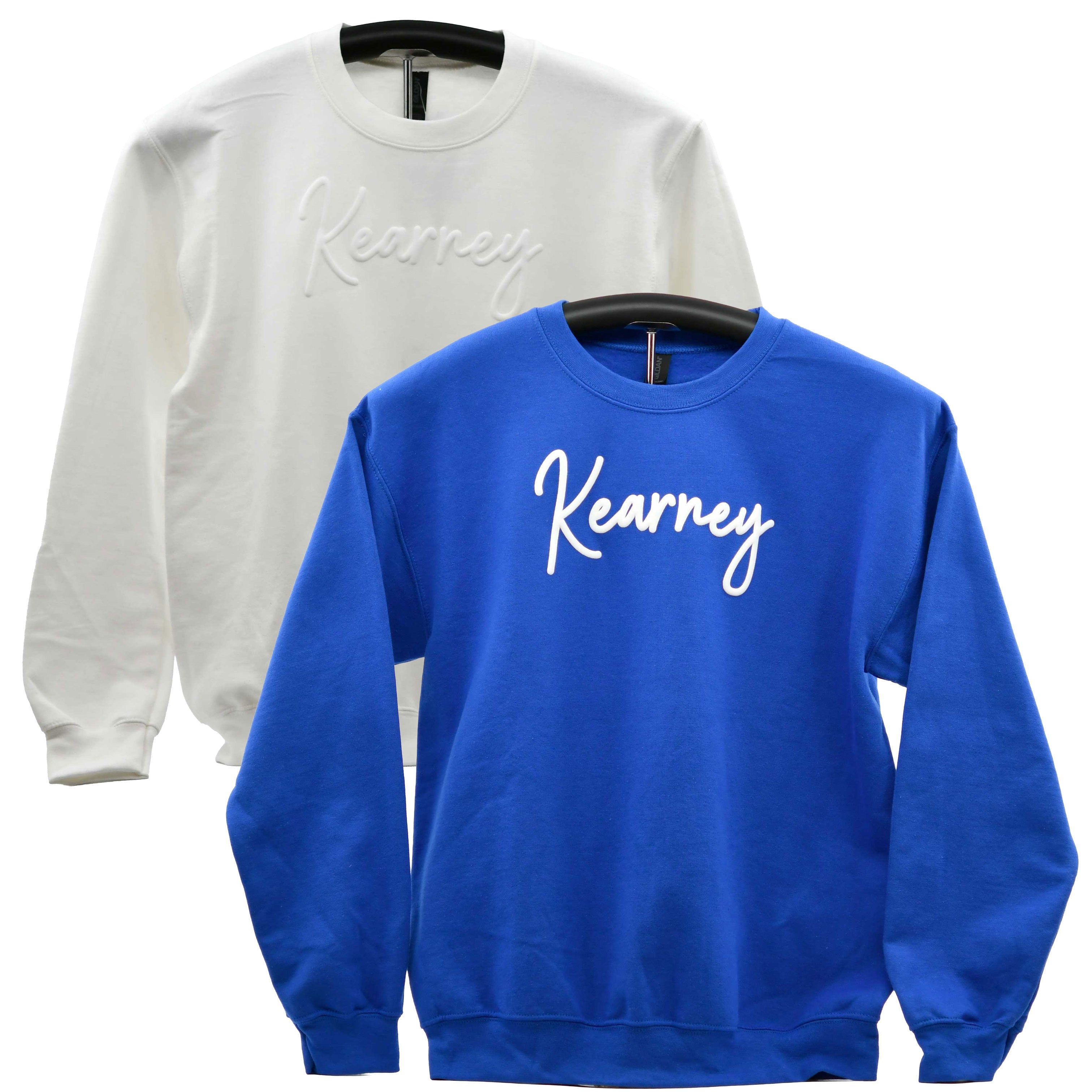 Two sweatshirts, one blue and one white, with 'Kearney' printed on them.