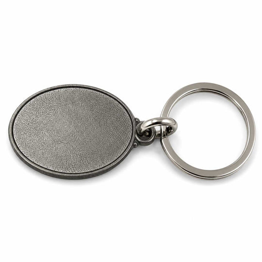 An oval metal keychain with a textured, antiqued silver-gray face and a polished silver key ring, shown on a clean white background.