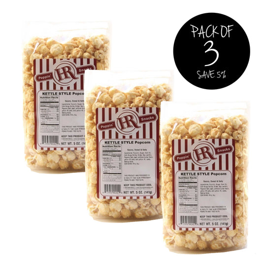 Kettle Popcorn | 5 oz. | Pack of 3 | Traditional Classic | Sweet & Salty Taste | Fair Popcorn | Made in Gibbon, NE | HR Poppin' Snacks