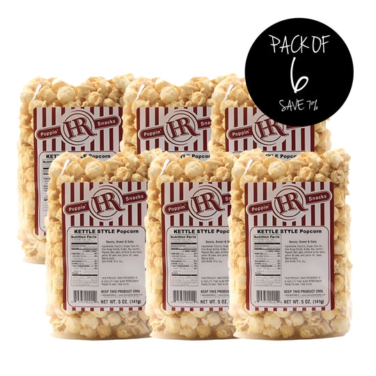 Kettle Popcorn | 5 oz. | Pack of 6 | Traditional Classic | Sweet & Salty Taste | Fair Popcorn | Made in Gibbon, NE | HR Poppin' Snacks