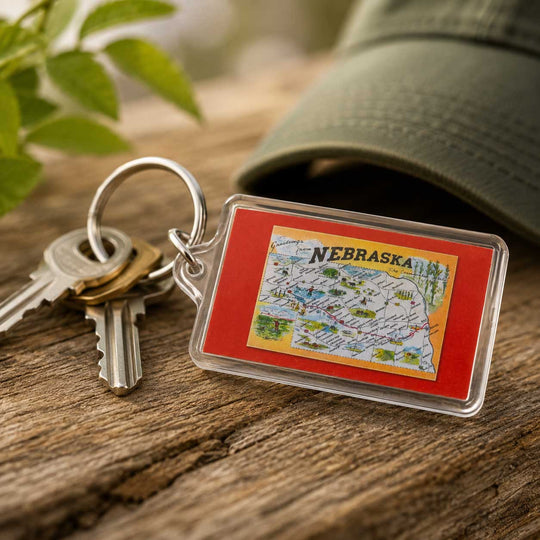 A clear acrylic keychain with a red backing and a colorful illustrated map of Nebraska, attached to a metal key ring with keys, resting on a rustic wooden surface with a blurred green cap and leaves in the background.