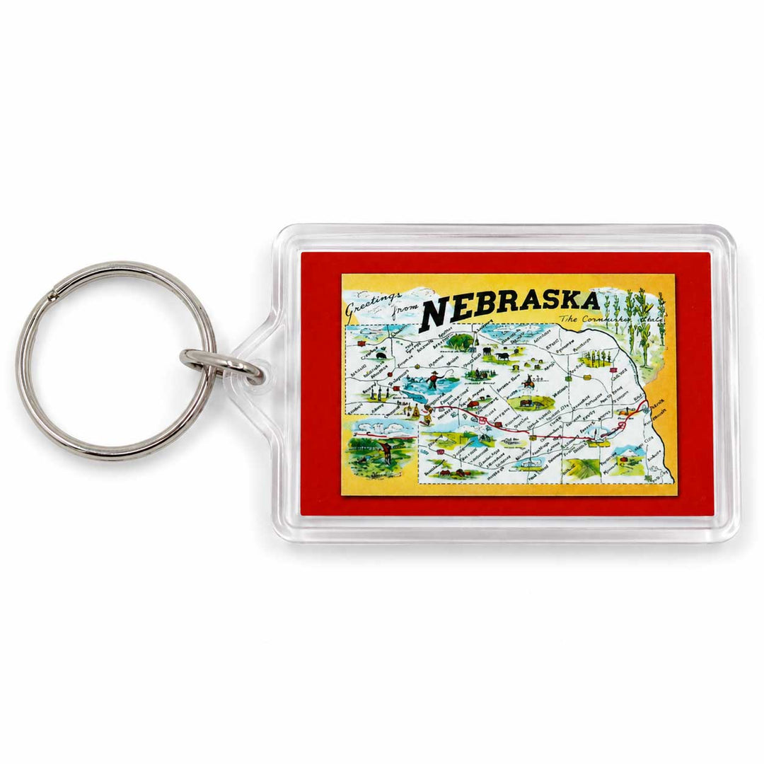A clear plastic keychain featuring a vintage-style map of Nebraska with a red border and silver metal key ring, shown on a white background.