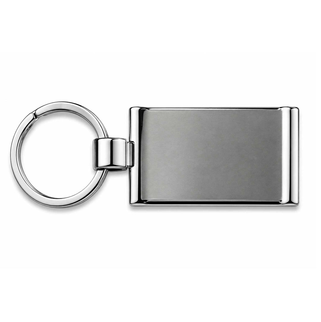 A polished silver-tone metal keychain with a rectangular blank plate and a split key ring, shown on a plain white background.