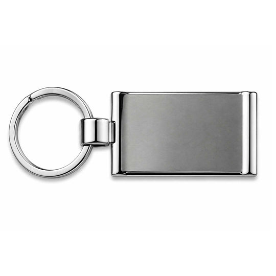 A polished silver-tone metal keychain with a rectangular blank plate and a split key ring, shown on a plain white background.