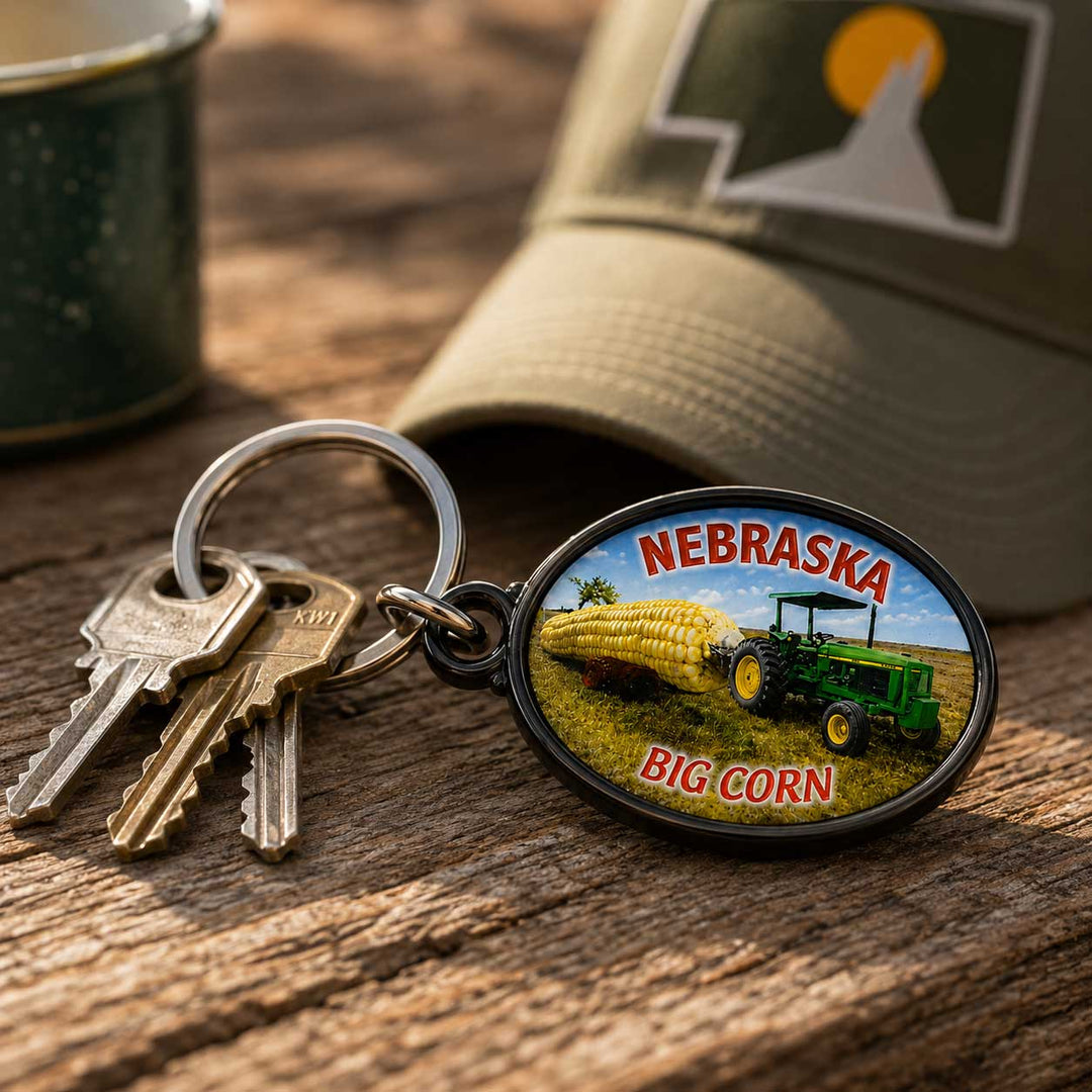 An oval keychain with a Nebraska big corn theme, featuring a green John Deere tractor and a large corn cob, attached to a key ring with keys and resting on a wooden surface. A green metal mug is blurred in the background, along with a beige cap.