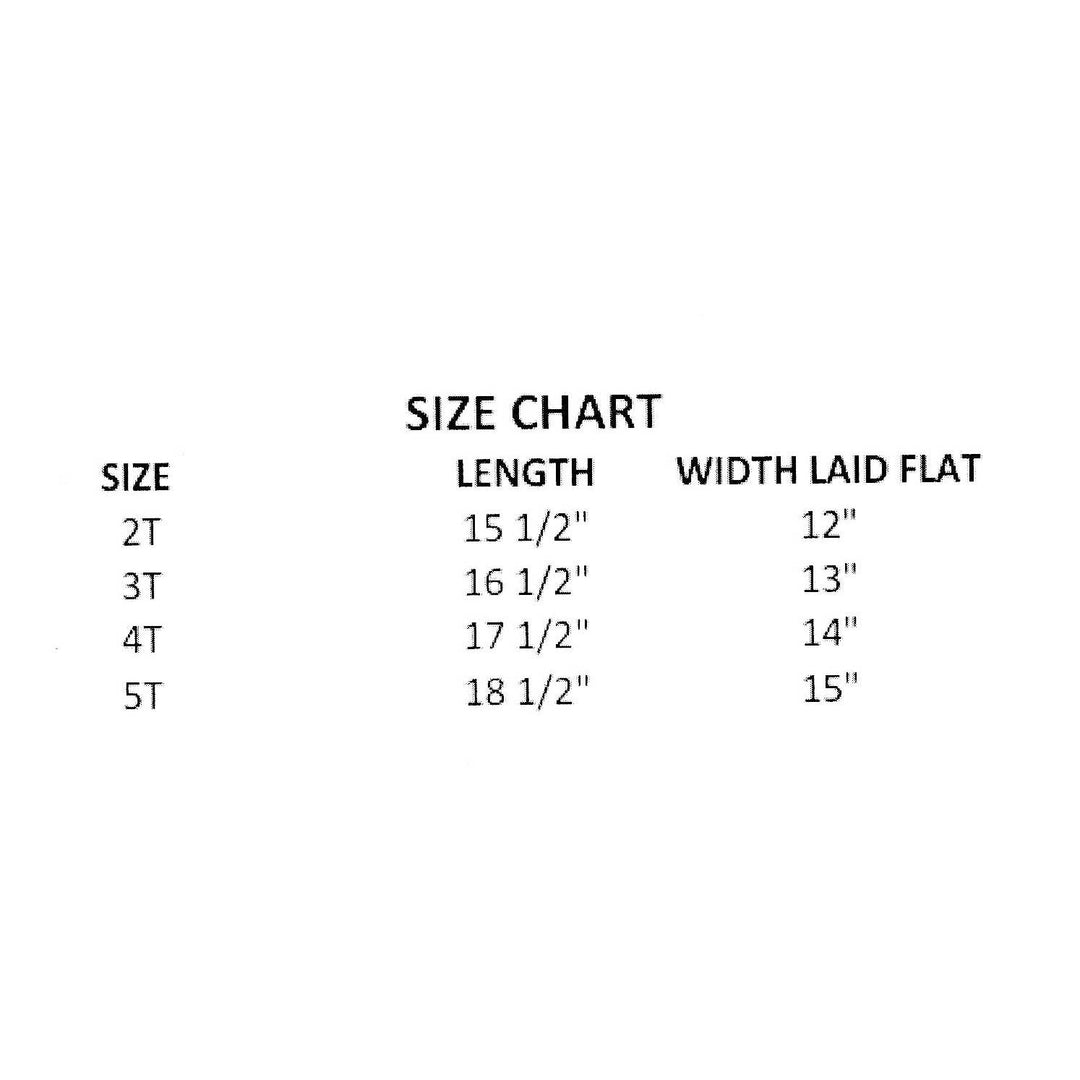 A size chart table with columns labeled SIZE, LENGTH, and WIDTH LAID FLAT, showing measurements for sizes 2T, 3T, 4T, and 5T on a plain white background.
