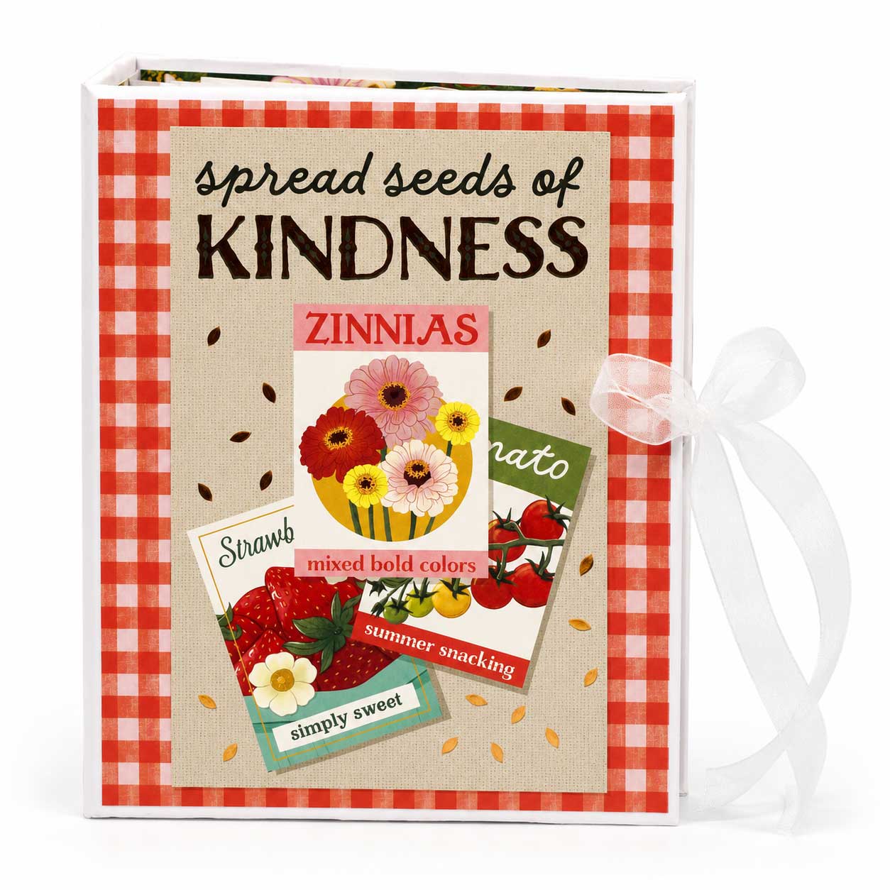 A square decorative book or journal titled 'spread seeds of KINDNESS' with a red-and-white gingham border, beige center panel, floral and fruit illustrations, and a white ribbon tied on the side, photographed on a white background.