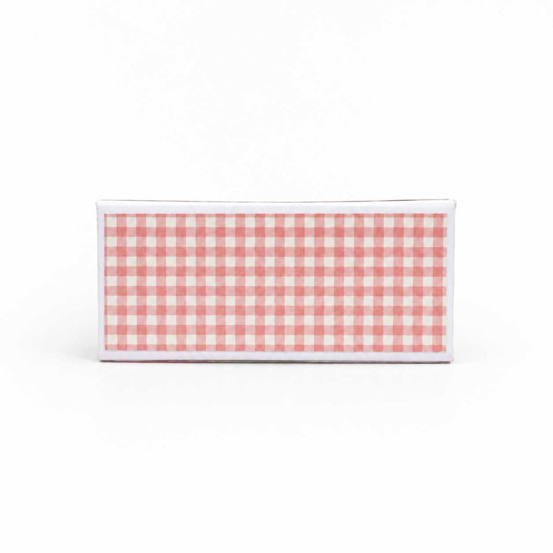 A rectangular box with a pink and white gingham checkered pattern, shown against a plain white background.