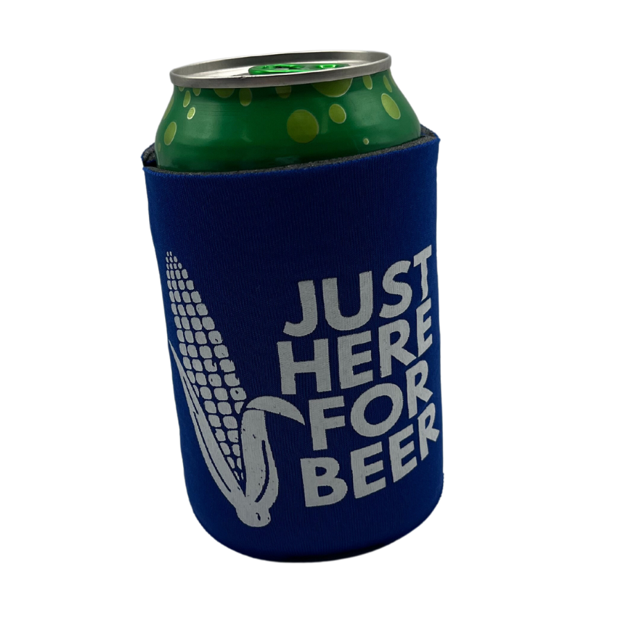 Printed Can Koozie | Just Here For Beer Inspired Design | Corn Feature | Blue | Collapsible Foam Can Cooler | Beer Lovers