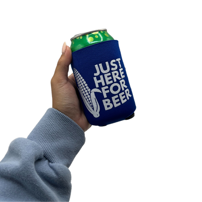 Printed Can Koozie | Just Here For Beer Inspired Design | Corn Feature | Blue | Collapsible Foam Can Cooler | Beer Lovers
