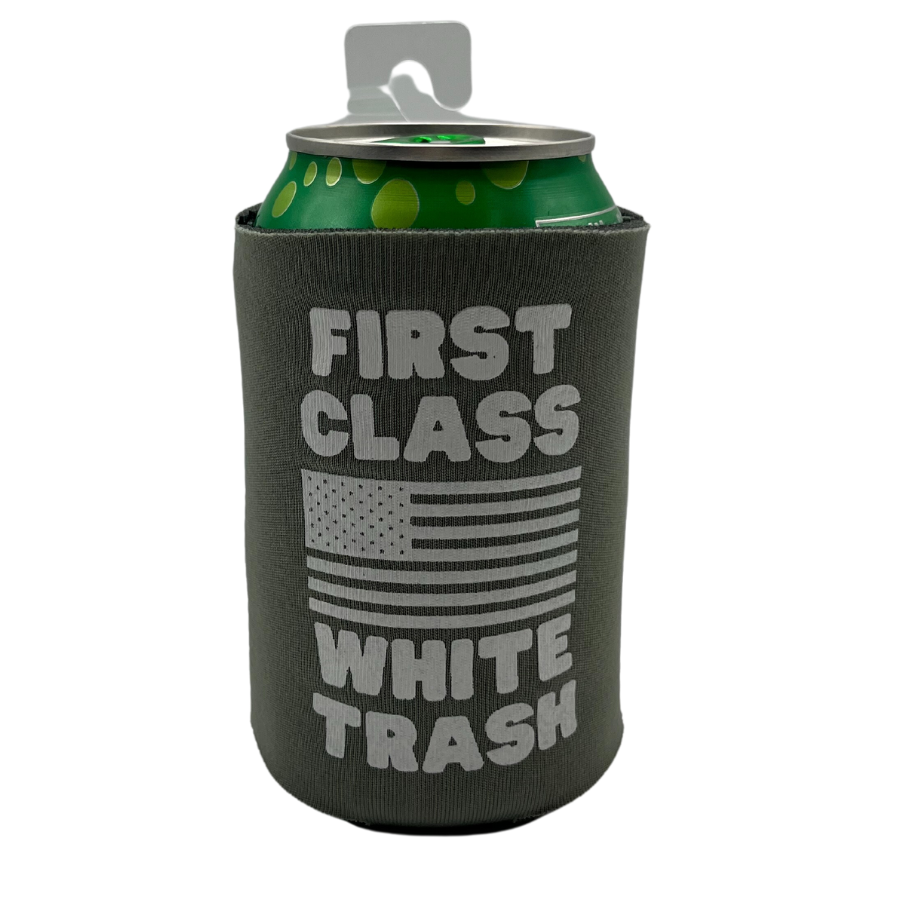 Printed Can Koozie | First Class White Trash Inspired Design | American Flag Feature | Gray | Collapsible Foam Can Cooler