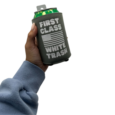 Printed Can Koozie | First Class White Trash Inspired Design | American Flag Feature | Gray | Collapsible Foam Can Cooler