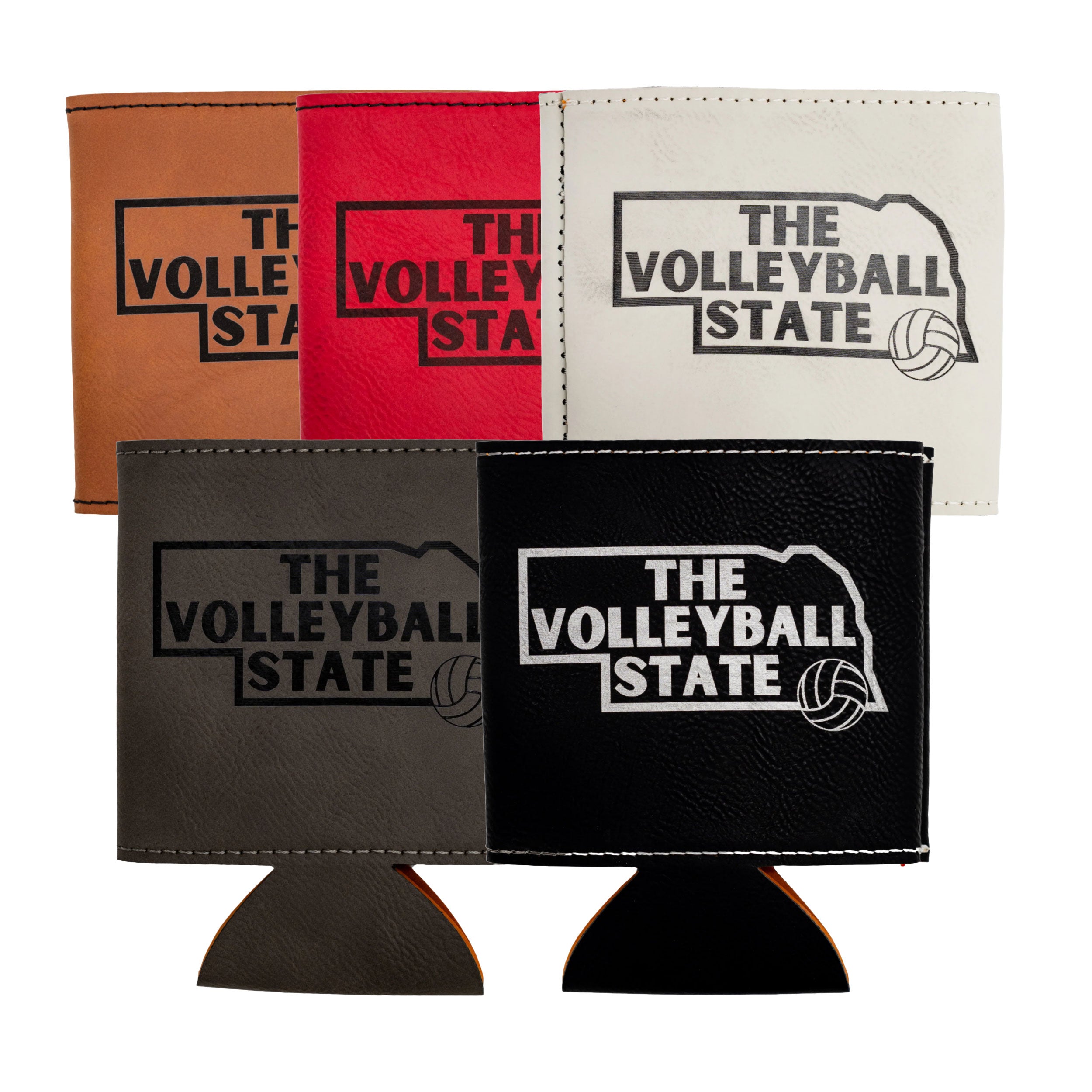 Five can coolers with 'The Volleyball State' design on a white background