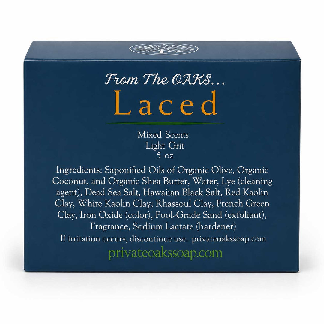 A 5 oz box of Laced Mixed Scents Light Grit soap by Private Oak Soap. The packaging is a dark navy blue with gold and white text.