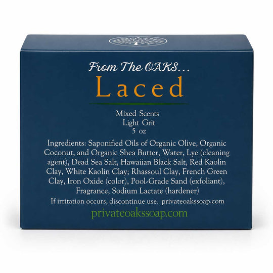 A 5 oz box of Laced Mixed Scents Light Grit soap by Private Oak Soap. The packaging is a dark navy blue with gold and white text.