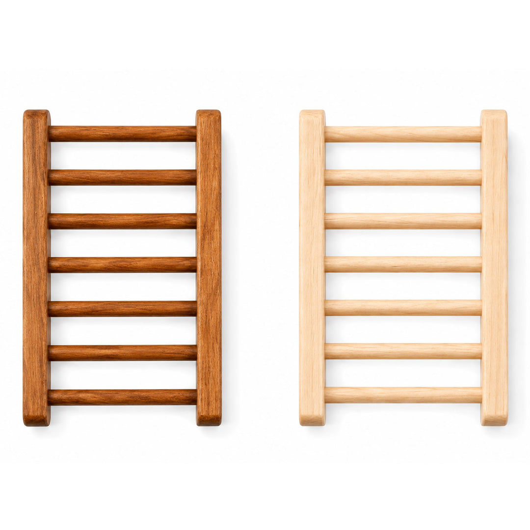 Two wooden soap ladders shown side by side on a plain white background, one in a medium warm brown finish and one in a light natural wood finish.