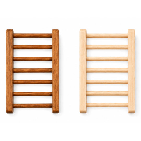 Two wooden soap ladders shown side by side on a plain white background, one in a medium warm brown finish and one in a light natural wood finish.