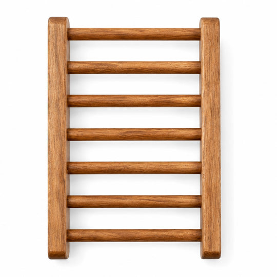 A wooden ladder-style soap tray with a warm medium-brown finish and visible wood grain, shown against a plain white background.