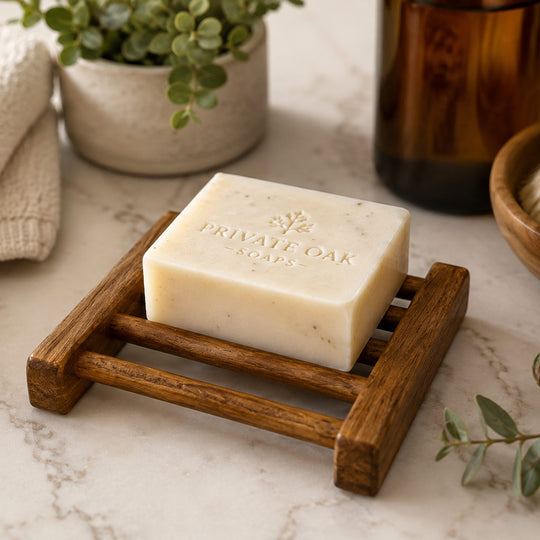A rectangular bar of cream-colored soap resting on a small wooden soap dish, placed on a light marble surface with a potted plant, towel, and amber bottle in the background. The soap is embossed with the brand name 'PRIVATE OAK SOAPS'.