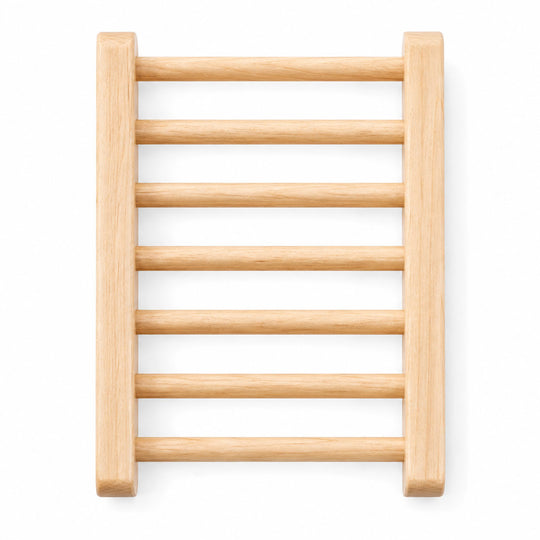 A light natural wood ladder-style towel rail with five horizontal bars and square end caps, shown on a clean white background.
