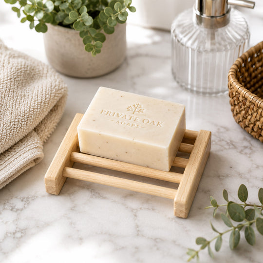 A rectangular bar of Private Oak Soaps soap resting on a small wooden soap dish on a marble countertop, styled with a beige towel, a glass pump bottle, and green plants.