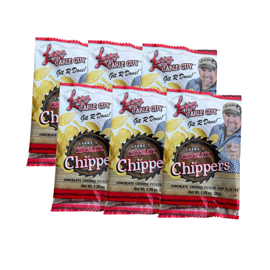 Multiple packages of Larry's Chocolate Chipper chocolate-covered potato chips on a white background