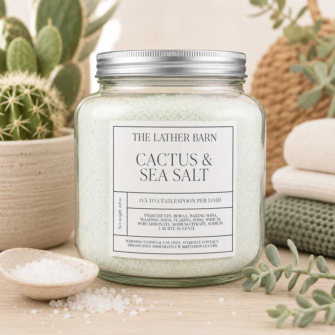 A clear glass jar filled with pale sea salt crystals and topped with a silver metal lid, labeled 'THE LATHER BARN CACTUS & SEA SALT' on a white background.