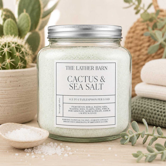A clear glass jar filled with pale sea salt crystals and topped with a silver metal lid, labeled 'THE LATHER BARN CACTUS & SEA SALT' on a white background.