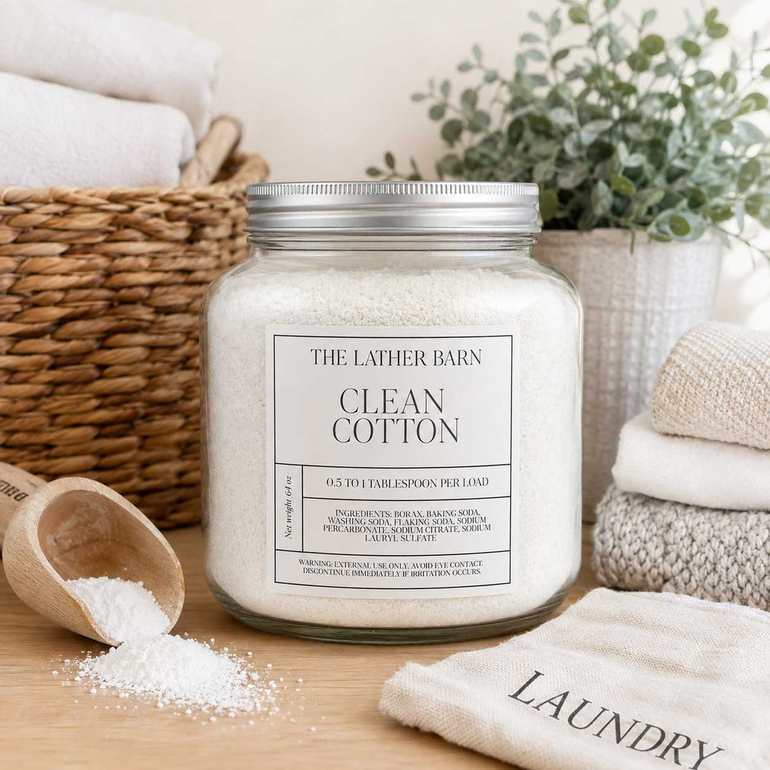 A glass jar candle filled with white cotton bath salts or laundry detergent, labeled 'THE LATHER BARN CLEAN COTTON,' styled on a wooden surface with a woven basket, folded towels, a wooden scoop, and greenery in the background.