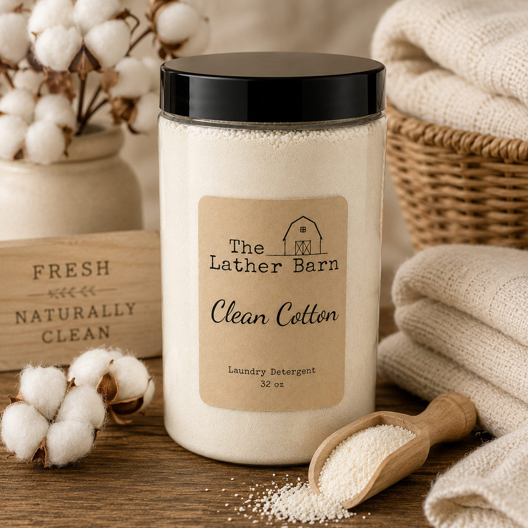A jar of laundry detergent labeled 'The Lather Barn Clean Cotton' sits on a wooden surface with cotton bolls, a scoop of the white powder, folded fabric, and a basket in the background.